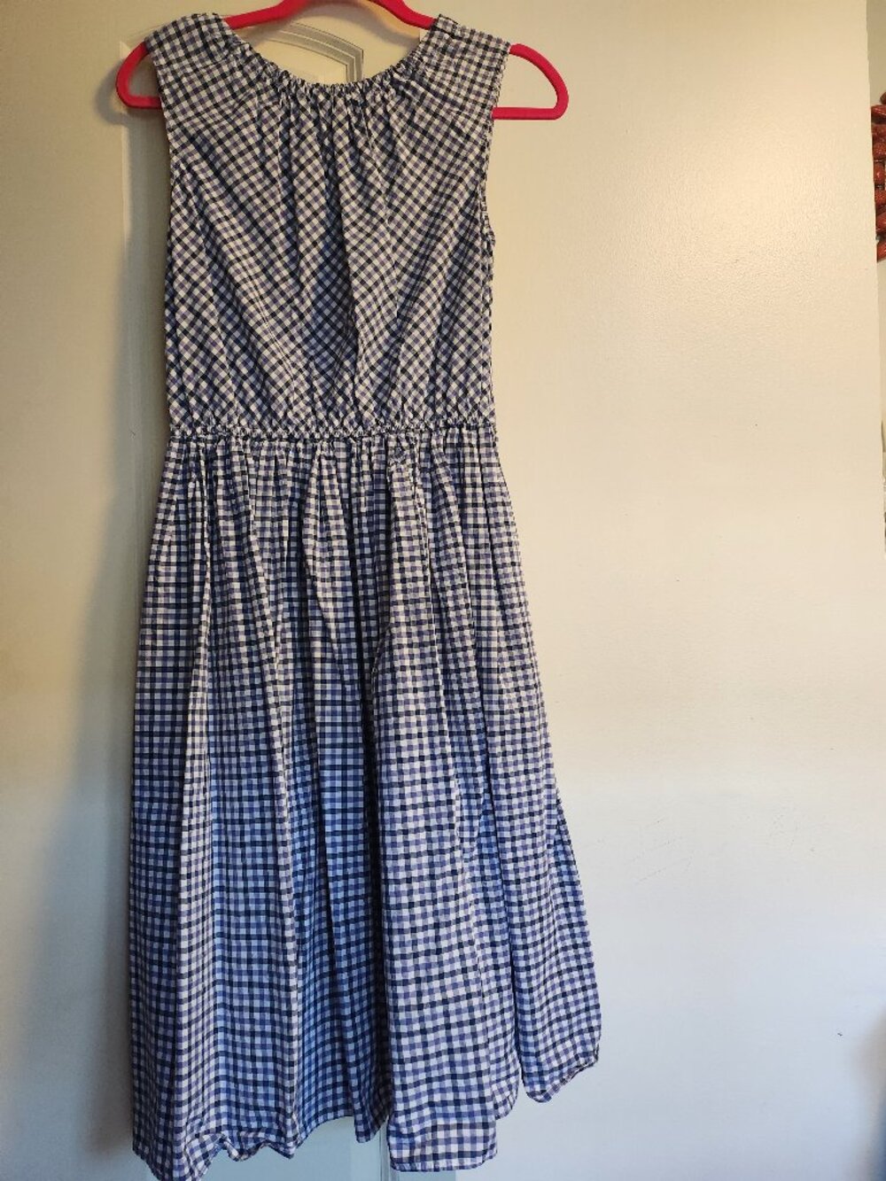 Sleeveless Blue and White Gingham Dress, Medium, Below Knee, Cotton Fabric